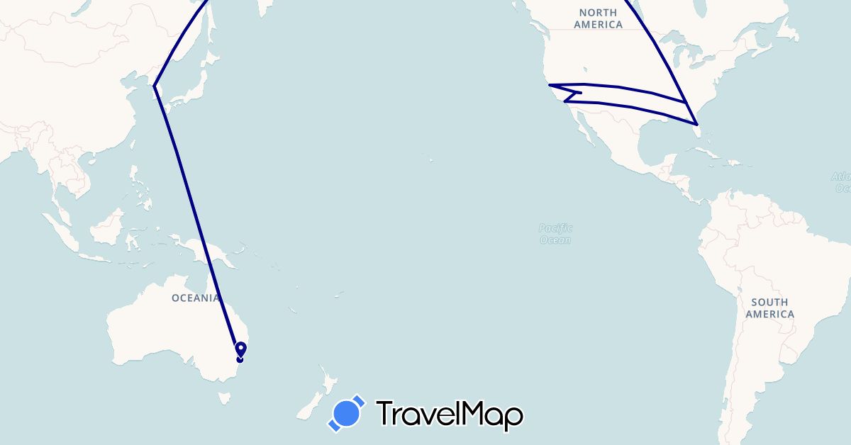 TravelMap itinerary: driving in Australia, South Korea, United States (Asia, North America, Oceania)